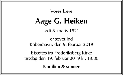 Dødsannoncen for Aage G. Heiken - Kbh.Ø.