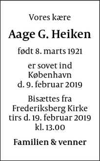 Dødsannoncen for Aage G. Heiken - Kbh.Ø.