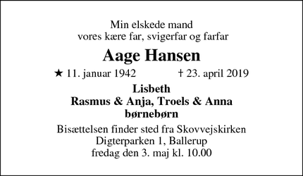 Dødsannoncen for Aage Hansen - Smørum