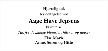 Dødsannoncen for Aage Have Jepsens - Østerbakken 24, 7980 Vils