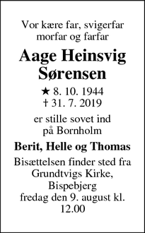 Dødsannoncen for Aage Heinsvig Sørensen - Nexø