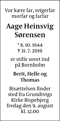 Dødsannoncen for Aage Heinsvig Sørensen - Nexø
