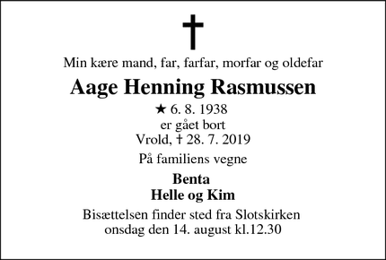 Dødsannoncen for Aage Henning Rasmussen - Skanderborg
