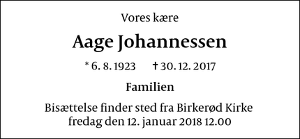 Dødsannoncen for Aage Johannessen - Birkerød