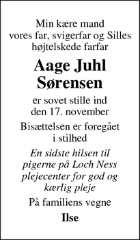 Dødsannoncen for Aage Juhl
Sørensen - Kalundborg