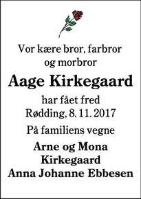 Dødsannoncen for Aage Kirkegaard - Røddinge