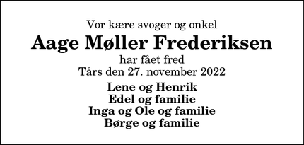 Dødsannoncen for Aage Møller Frederiksen - Tårs