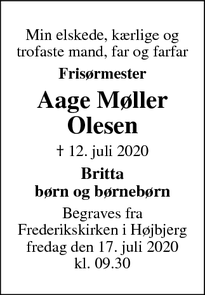 Dødsannoncen for Aage Møller Olesen - Højbjerg Århus