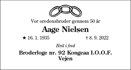 Dødsannoncen for Aage Nielsen - Vejen