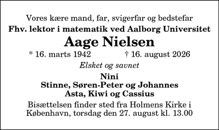 Dødsannoncen for Aage Nielsen - København V