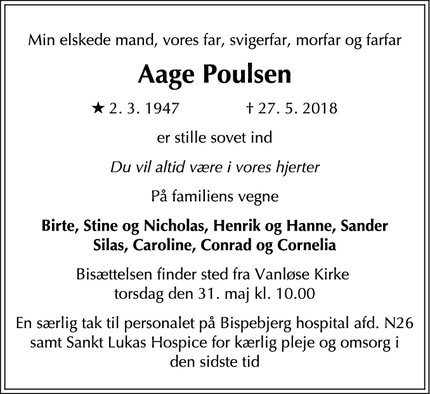 Dødsannoncen for Aage Poulsen - Vanløse