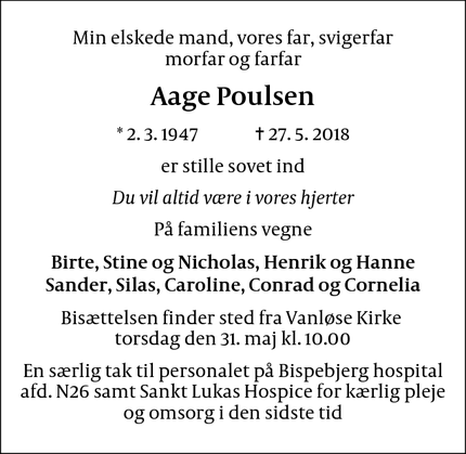 Dødsannoncen for Aage Poulsen - Vanløse