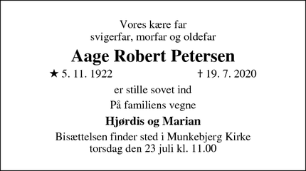 Dødsannoncen for Aage Robert Petersen - Odense s