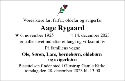 Dødsannoncen for Aage Rygaard - Kongens Lyngby