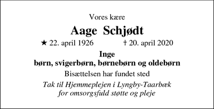 Dødsannoncen for Aage  Schjødt - Kongens Lyngby