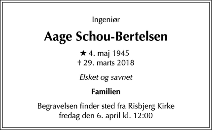 Dødsannoncen for Aage Schou-Bertelsen - vanløse