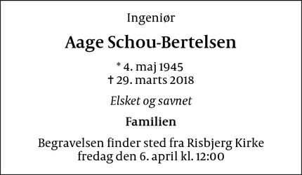 Dødsannoncen for Aage Schou-Bertelsen - vanløse