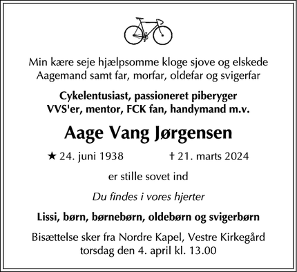 Dødsannoncen for Aage Vang Jørgensen - København