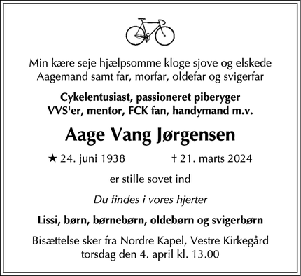 Dødsannoncen for Aage Vang Jørgensen - København