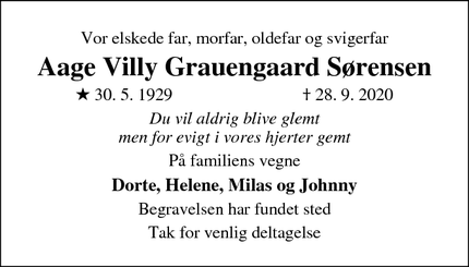 Dødsannoncen for Aage Villy Grauengaard Sørensen - Overby sj.odde