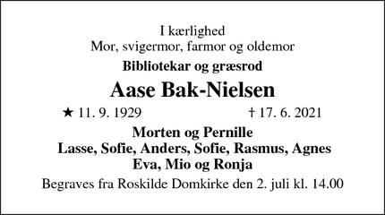 Dødsannoncen for Aase Bak-Nielsen - Roskilde