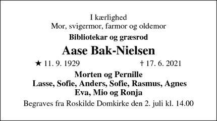 Dødsannoncen for Aase Bak-Nielsen - Roskilde
