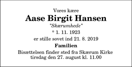 Dødsannoncen for Aase Birgit Hansen - Hjørring