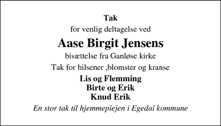 Taksigelsen for Aase Birgit Jensens - Ganløse