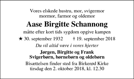 Dødsannoncen for Aase Birgitte Schannong - Holte