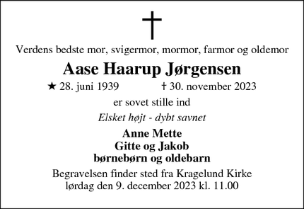 Dødsannoncen for Aase Haarup Jørgensen - Skanderborg