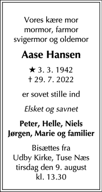 Dødsannoncen for Aase Hansen - Udby