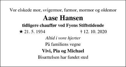 Dødsannoncen for Aase Hansen - Odense N