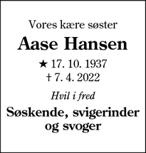 Dødsannoncen for Aase Hansen - Ribe