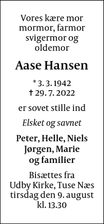 Dødsannoncen for Aase Hansen - Udby