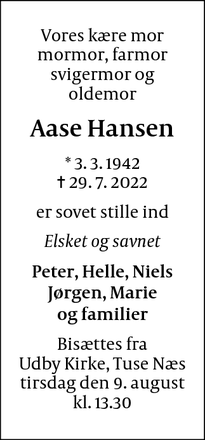 Dødsannoncen for Aase Hansen - Udby