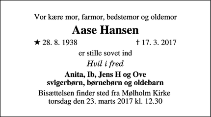 Dødsannoncen for Aase Hansen - Vejle