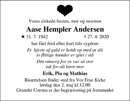 Dødsannoncen for Aase Hempler Andersen - Odense