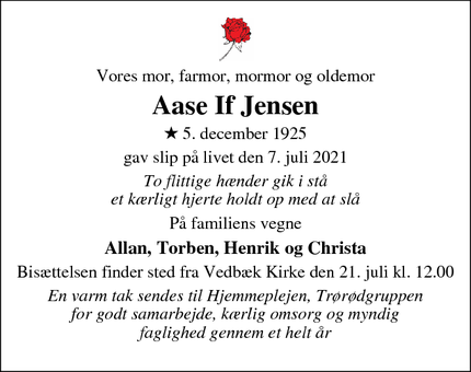 Dødsannoncen for Aase If Jensen - Trørød