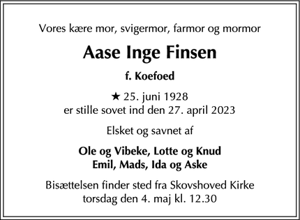 Dødsannoncen for Aase Inge Finsen - Bagsværd