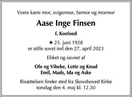 Dødsannoncen for Aase Inge Finsen - Bagsværd