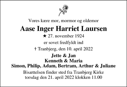 Dødsannoncen for Aase Inger Harriet Laursen - Tranbjerg J