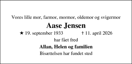 Dødsannoncen for Aase Jensen - Frederiksværk