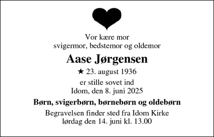 Dødsannoncen for Aase Jørgensen - Bøvlingbjerg