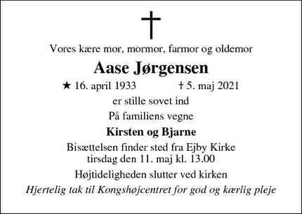 Dødsannoncen for Aase Jørgensen - Nørre åby