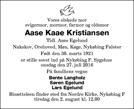 Dødsannoncen for Aase Kaae Kristiansen - Nykøbing Falster