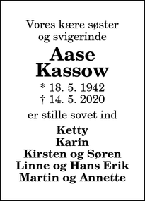 Dødsannoncen for Aase Kassow - Hanstholm
