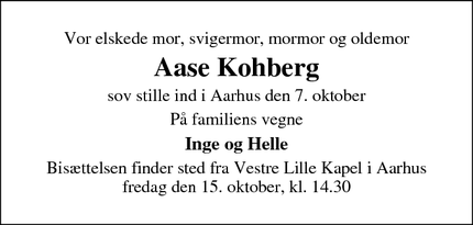 Dødsannoncen for Aase Kohberg - Risskov