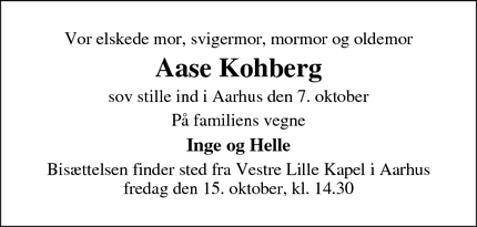 Dødsannoncen for Aase Kohberg - Risskov