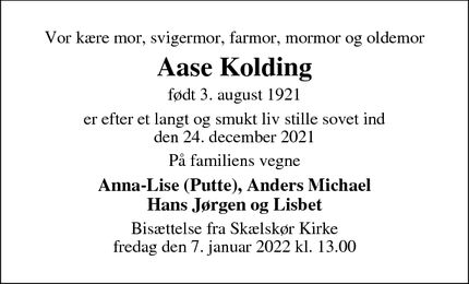 Dødsannoncen for Aase Kolding - Skælskør
