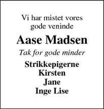 Dødsannoncen for Aase Madsen - Ikast